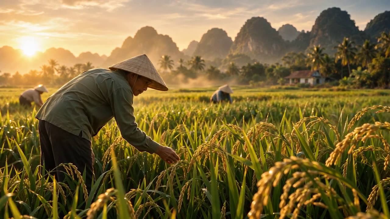 A Vietnamese farmer in a conical hat harvesting golden rice by hand at sunrise, mountains in the distance